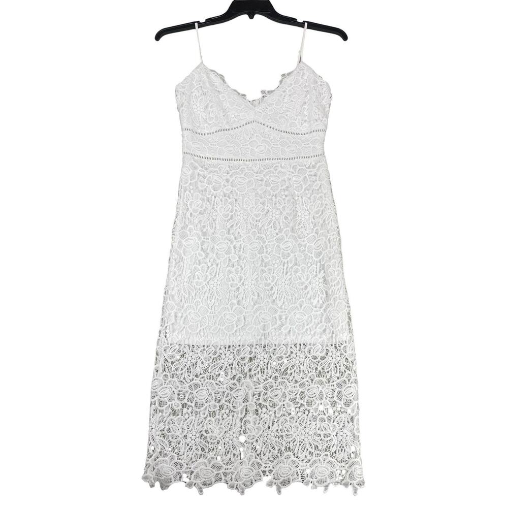 Romantic White Lace Crochet Floral Midi Dress Womens Sz S Bridal Beach Wedding